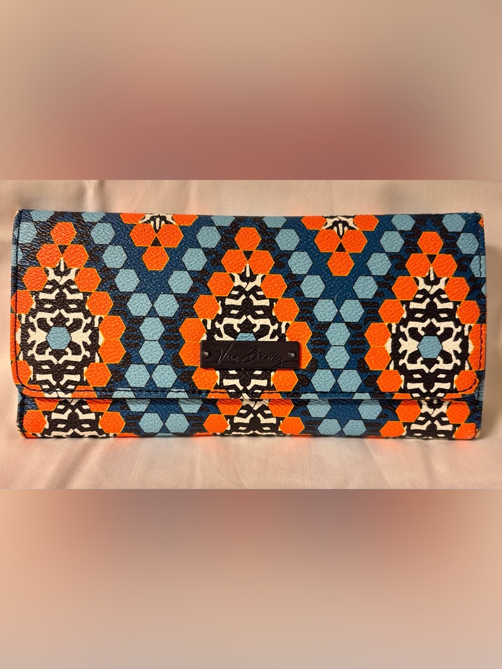 Vera Bradley Faux Leather Trifold Wallet Clutch Navy Orange Black White Blue